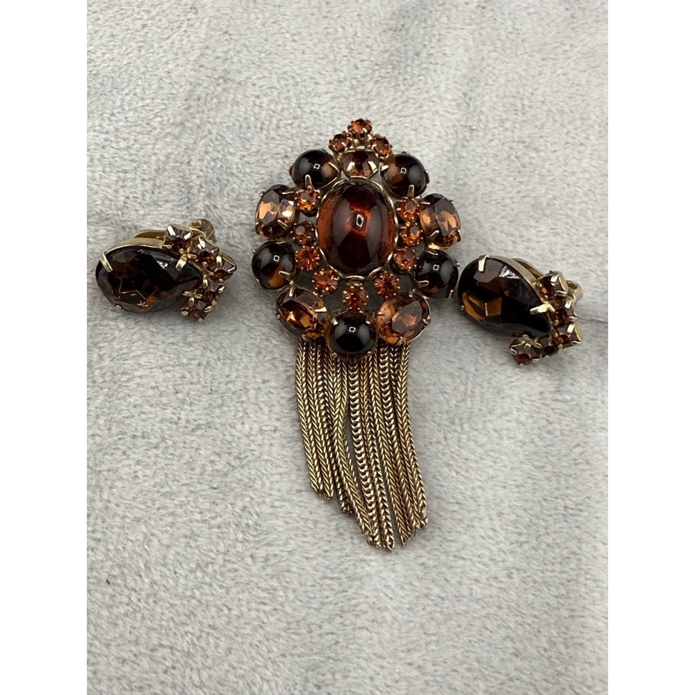 Vintage‎ Weiss Brooch Clip On Earrings Set Tassel Rhinestones Gold Tone Brown